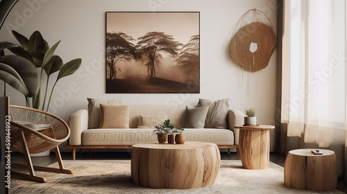 Wohnzimmer im modern minimalistischen Stil, mit organische Formen und warmen Erdtönen, symbolisch für achtsames leben (Generative AI) photo