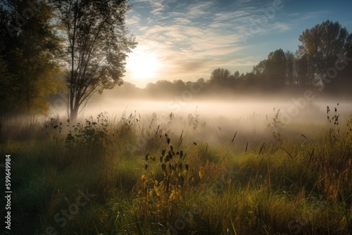 morning fog surrounds meadow  with the sun beginning to peek through the clouds  created with generative ai