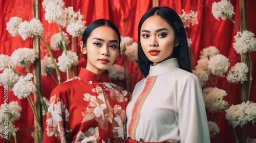 portrait of Indonesian women wearing kebaya in front of the indonesia flag, Generative AI