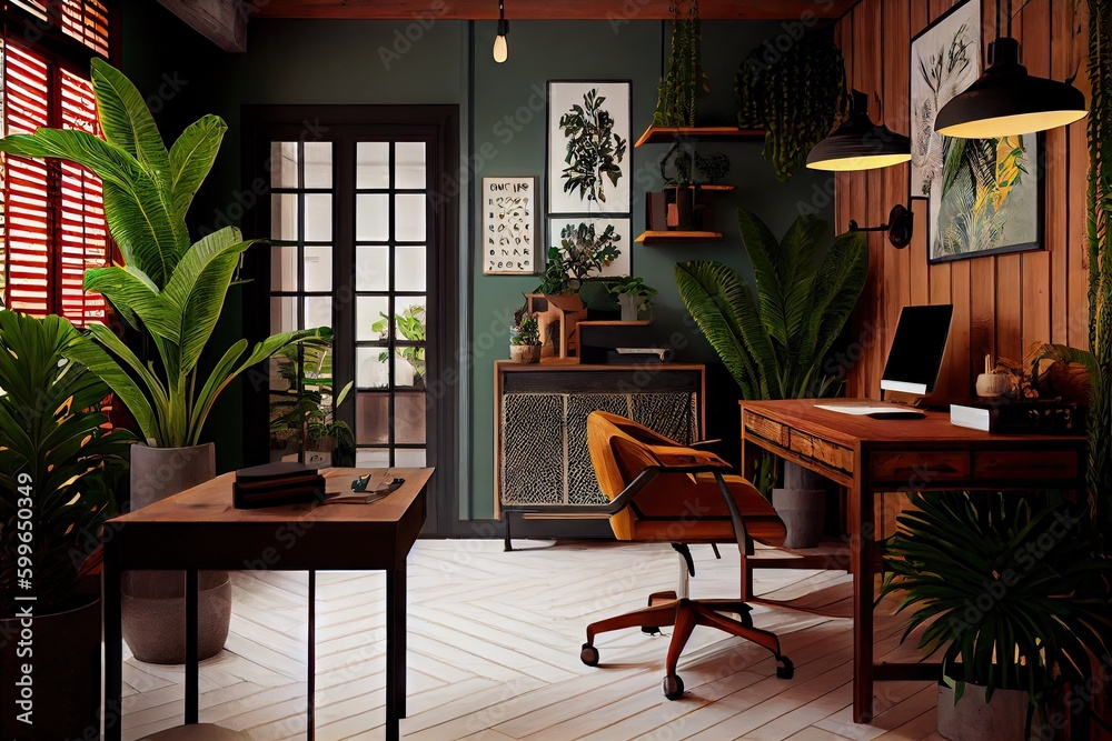 office with lush, tropical plants and wooden accents, created with generative ai