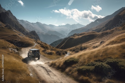 off-roader ascending mountain pass, with stunning scenery in the background, created with generative ai © Alfazet Chronicles