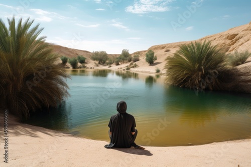 person, relaxing and meditating by oasis of clear spring water in the desert, created with generative ai