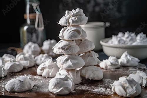 meringue cookies, stacked high and dusted with powdered sugar, created with generative ai