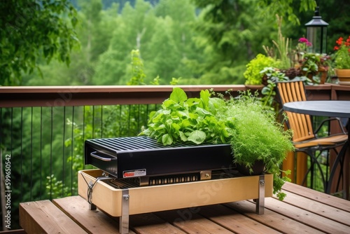 portable grill on wooden deck with lush greenery in the background, created with generative ai