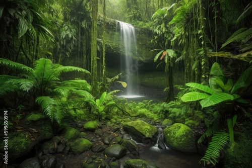 majestic waterfall cascading into lush jungle, created with generative ai