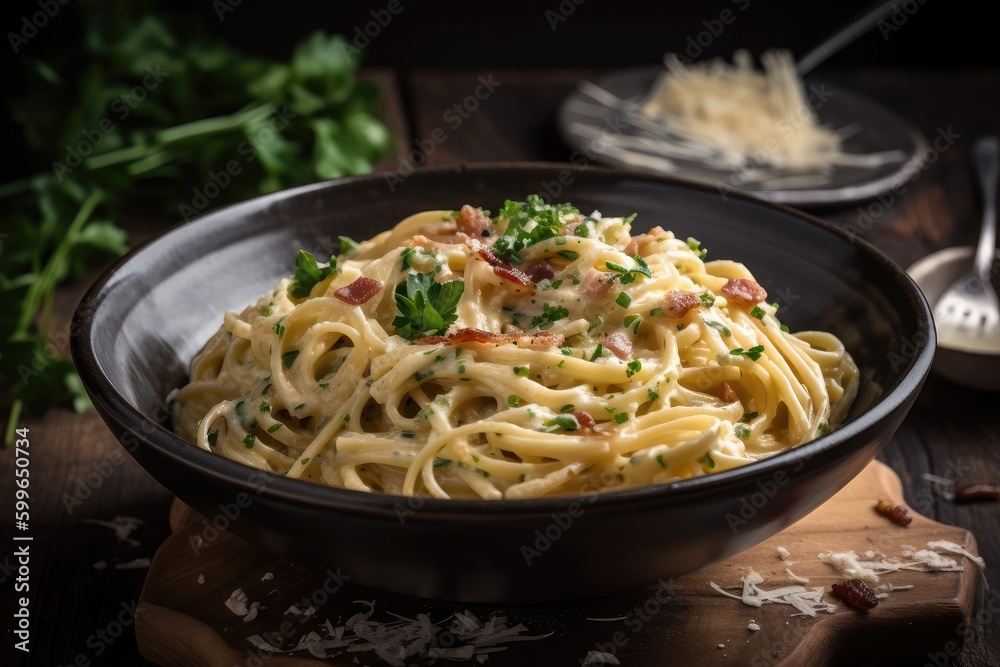 bowl of spaghetti carbonara topped with fresh herbs, created with generative ai bowl of spaghetti carbonara topped with fresh herbs, created with generative ai
