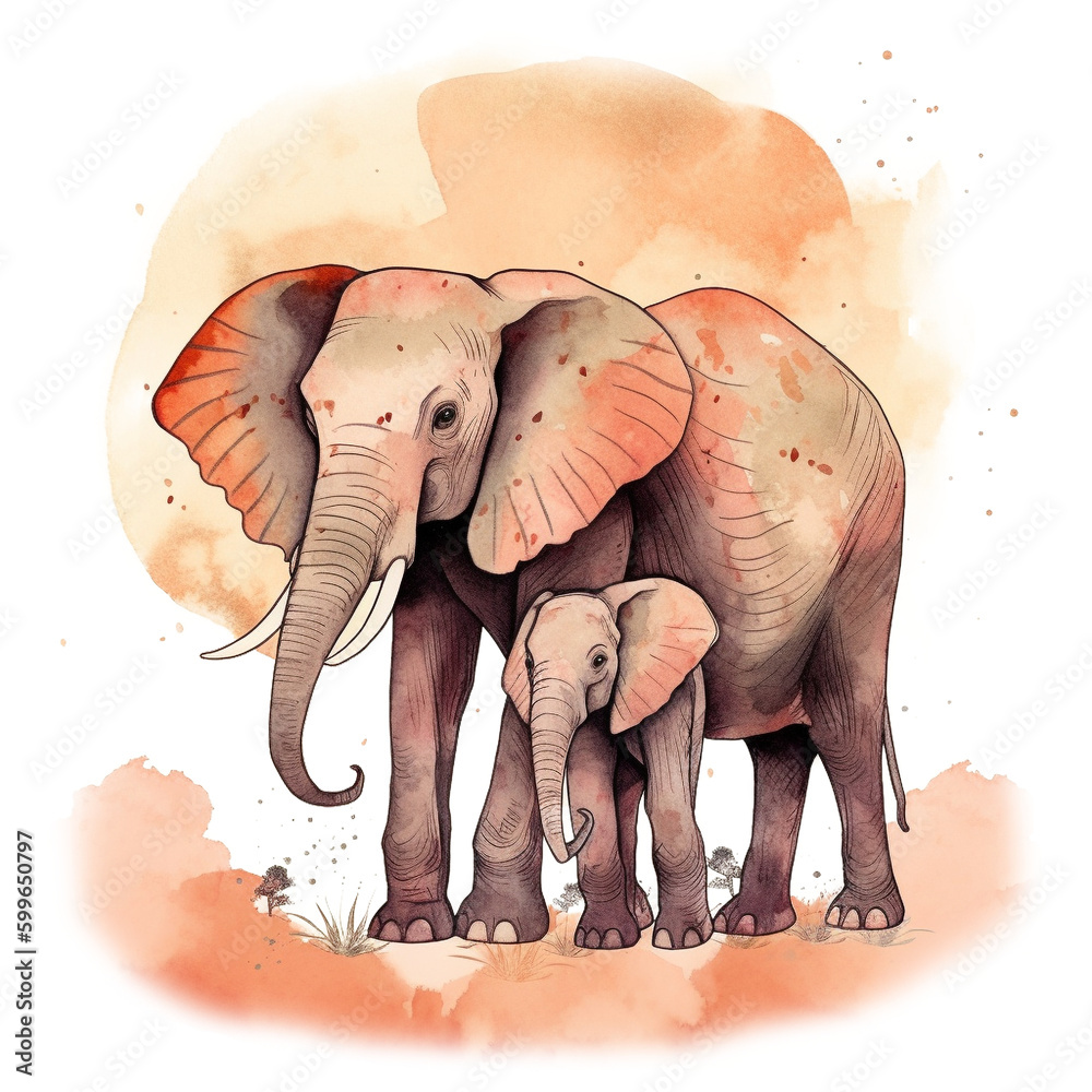 Elephant Mom and Baby Watercolor Png Art for Sublimation Design, Generative AI