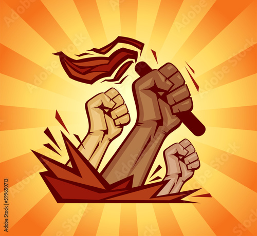 Poster with riot hands, people protest concept