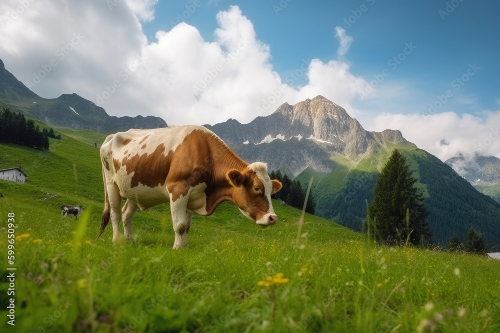 Landscape of an alpine meadow with a renegade cow. Generative AI Landscape of an alpine meadow with a renegade cow. Generative AI
