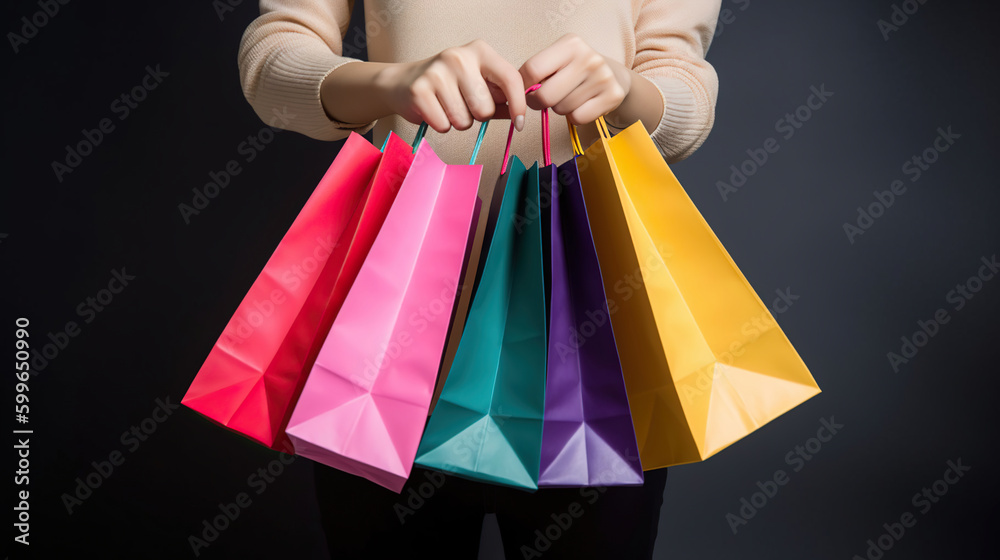 Cropped shot of female hand holding bunch of different colorful blank shopping bags over isolated black background. Many packets with in womans arms. Black friday sale concept. AI Generative