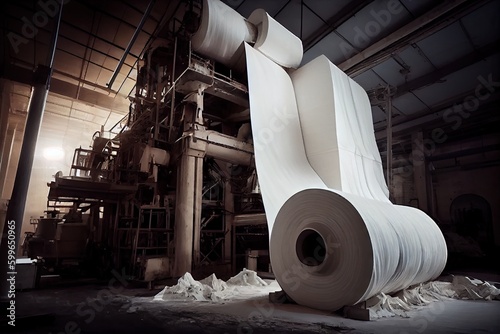 pulp and paper mill, with columns of freshly bleached paper rolling off the production line, created with generative ai