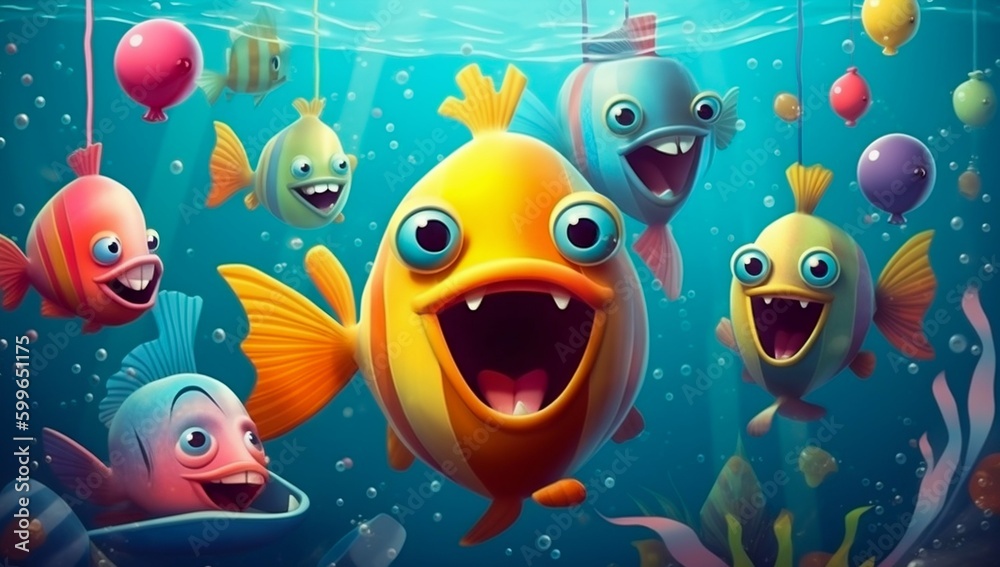 Happy Fishes at an Underwater Party. Generative ai