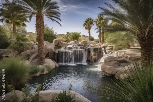oasis with waterfall and garden  surrounded by desert landscape  created with generative ai