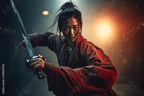 Asian woman samurai warrior swinging her sword. Generative AI © Andrii 