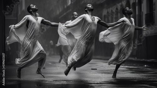 Men dance in the rain. Generative AI
