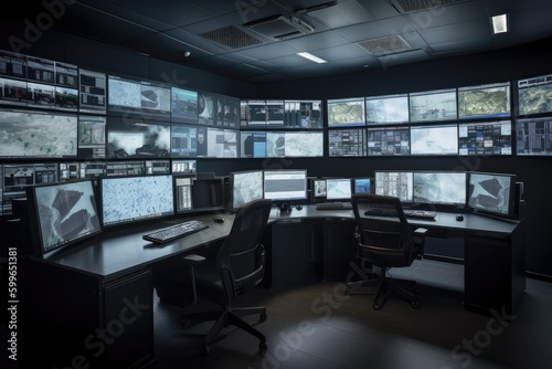 high-tech surveillance room, with multiple security cameras and monitoring equipment, created with generative ai