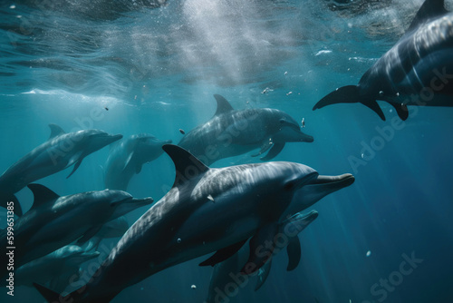 Spinner dolphins underwater in ocean. Generative AI © Andrii 