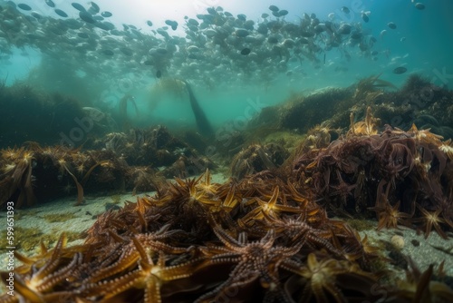 kelp forest teeming with life, including starfish and crabs, created with generative ai