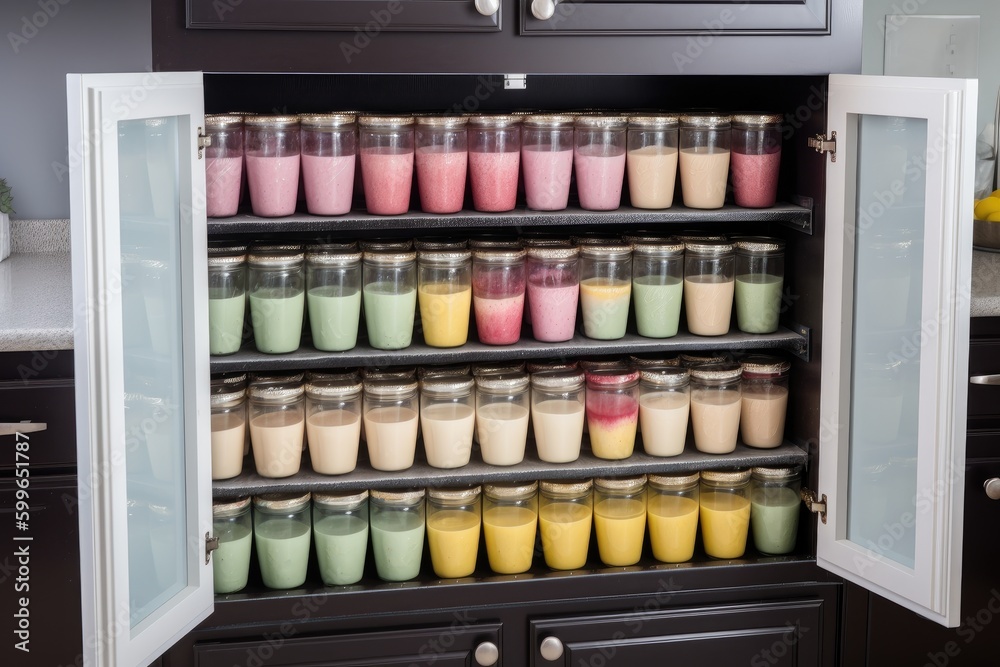 cabinet filled with smoothies and shakes, ready to be made, created with generative ai cabinet filled with smoothies and shakes, ready to be made, created with generative ai
