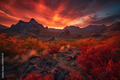 majestic mountains in sunset  with vibrant hues of oranges and reds  created with generative ai