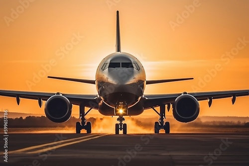 airplane at sunset. Generative AI.
