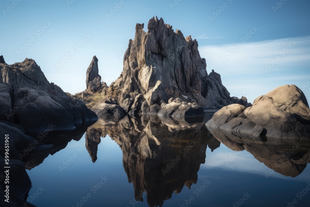 natural rock formation with reflection in still body of water, created with generative ai