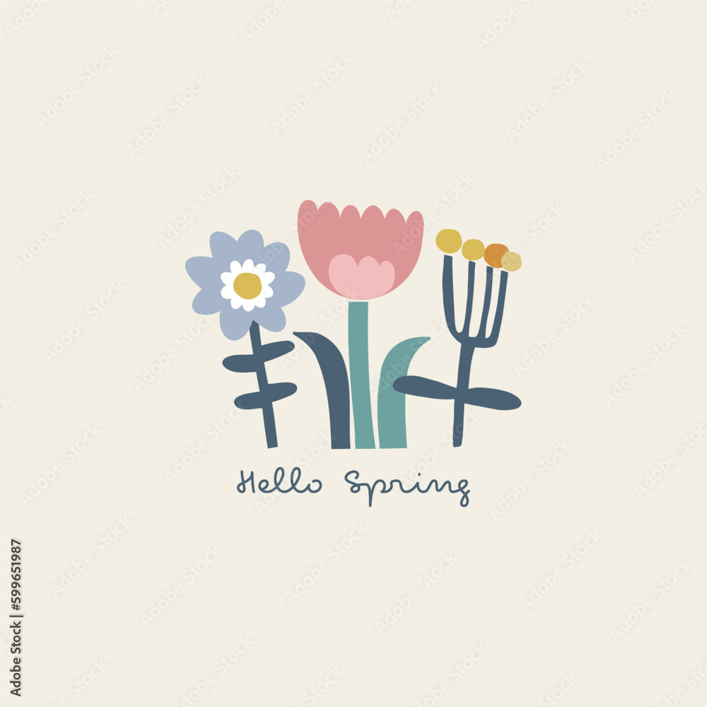 Abstract shape cutouts decorative flower hello spring text vector illustration. Minimalistic floral summer spring pre-made print poster design.