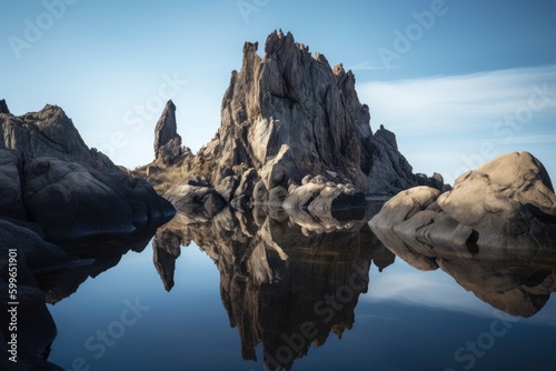 natural rock formation with reflection in still body of water, created with generative ai