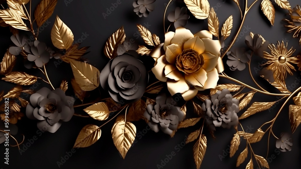 Obraz premium golden and black flowers and leaves 3d. Generative AI