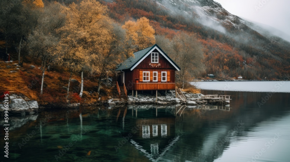 Fototapeta premium Cabin at a Nordic Fjord - Generative AI Landscape
