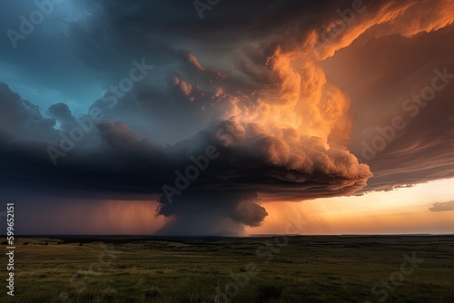 stunning sunset  with storm clouds and tornadoes in the background  created with generative ai