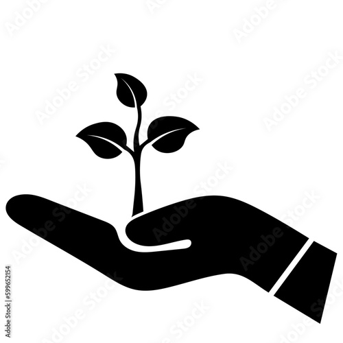 Black hand protectively holding young sprout or small plant , representing themes of new beginnings, growth and environmental stewardship.