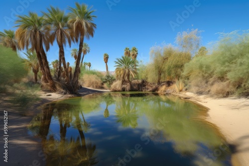 desert oasis, with palm trees and clear blue skies, in hot and arid environment, created with generative ai