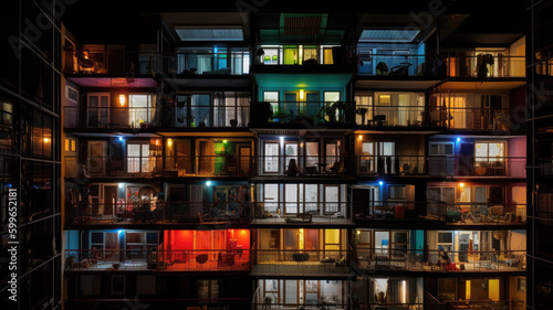 Bright colorful windows pattern at night. Front view facade of residential building with glowing lights in windows and balcony in the dark. Created with Generative AI