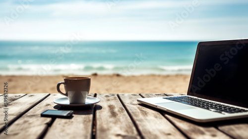 Work-life balance, business lifestyle choice, success motivation; laptop for relaxed planning, happy leisure job; passive income, financial investment, growth, earning; beach, sky, positive vibes.