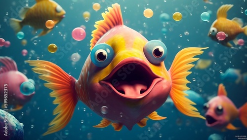 Happy Fishes at an Underwater Party. Generative ai