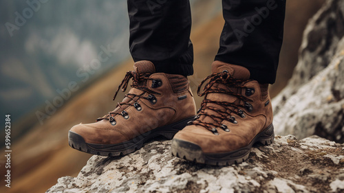 hiking boots closeup of a mountain climber. Generative AI