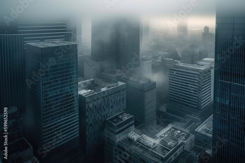 Reflective skyscrapers  business office buildings in fog. Generative AI