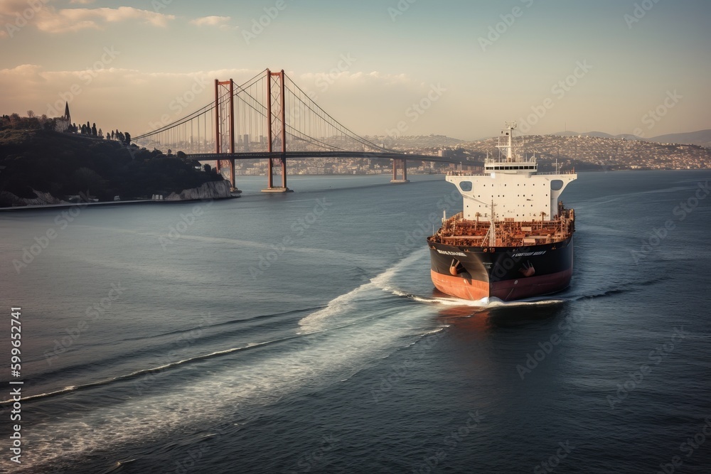Aerial view of a cargo ship sailing under the Bosphorus Bridge in Istanbul, Turkey, generative Ai