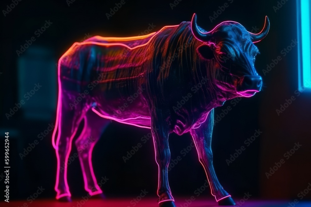 Close up of bull in neon light on black background. Animal portrait, generative Ai