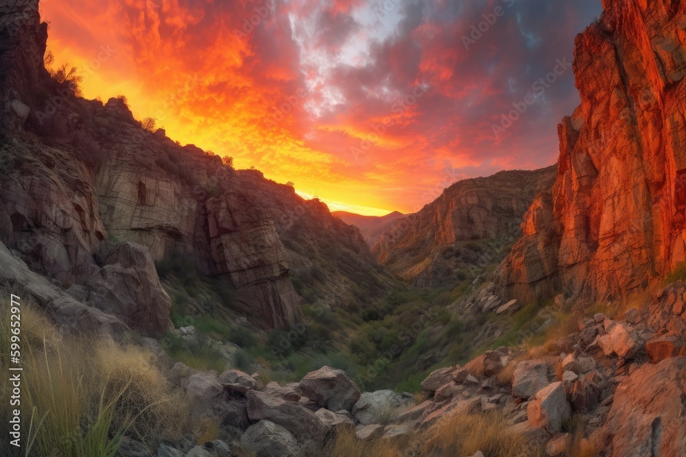fiery sunset over jagged canyon walls, with the sun casting warm colors against the sky, created with generative ai