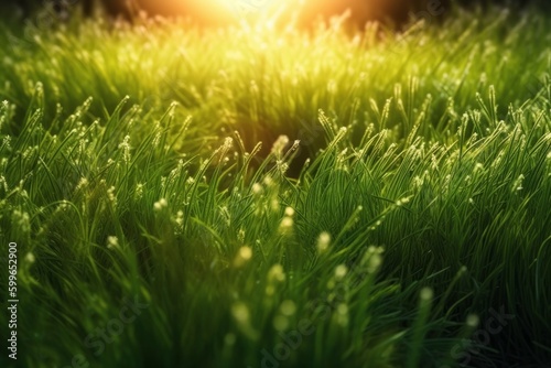 Green grass with sunlight in the morning, soft focus. Nature background, generative Ai