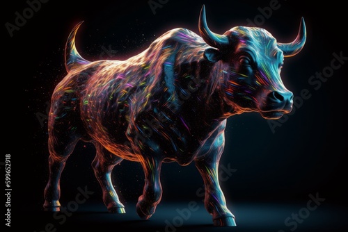 Digital illustration of a bull with neon lights, 3d rendering, generative Ai © Angus.YW