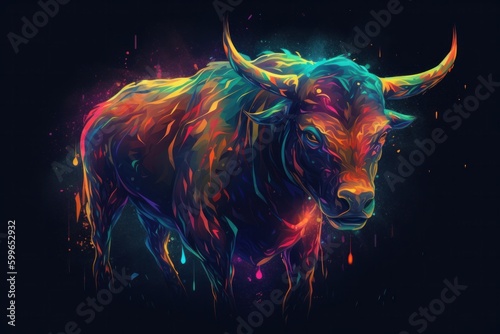 Colourful painting of a bull head on a black background. Digital illustration, generative Ai