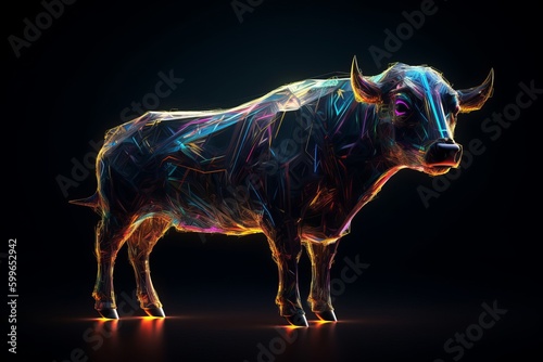 Abstract low poly bull on black background. 3D Rendering.  generative Ai