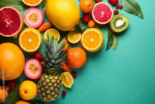 Assortment of exotic fruits with leaves on colour background  top view  generative Ai