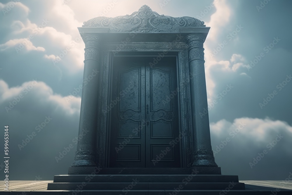 3D render of an ancient stone door in a foggy sky, generative Ai