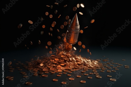 Bullet with coins falling on a dark background. 3d illustration, generative Ai