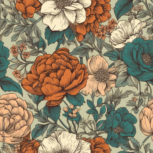 Pattern featuring a series of hand-drawn flowers in a vintage inspired color palette. Generative AI