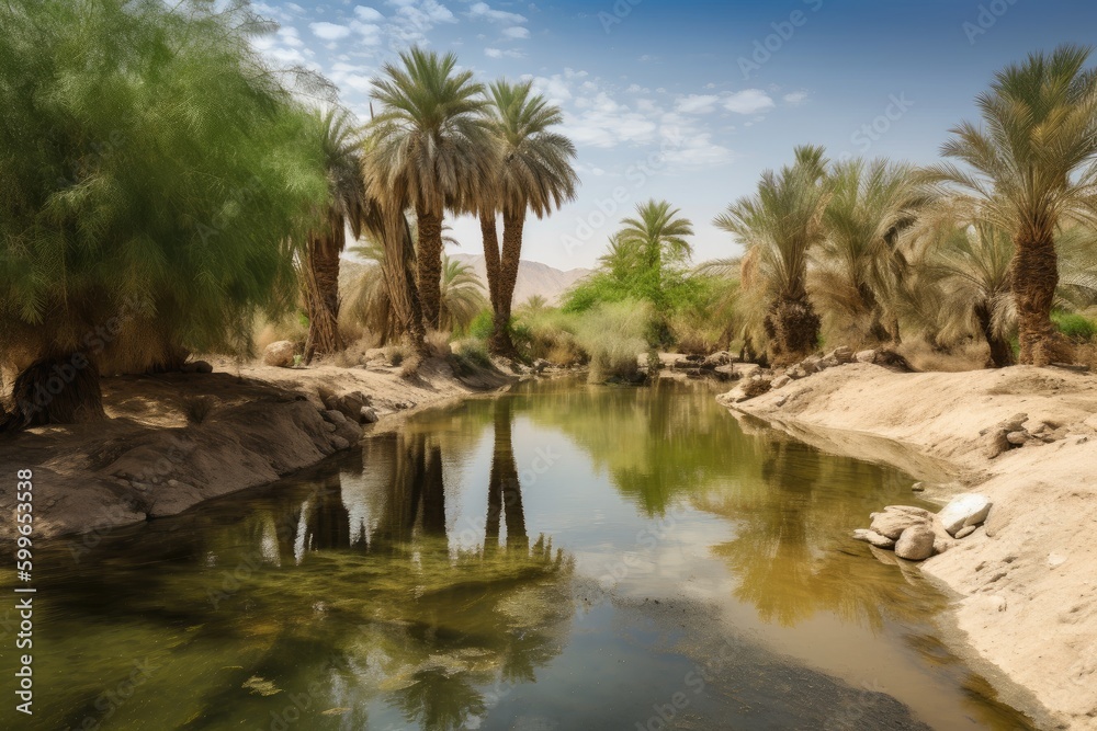 oasis with clear spring and palm trees in the desert, created with generative ai